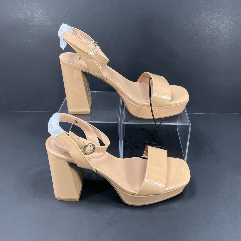 pop Tan Nude Patent Block Chunky Heel Sandals with Ankle Strap new in box size 7 - Picture 6 of 11